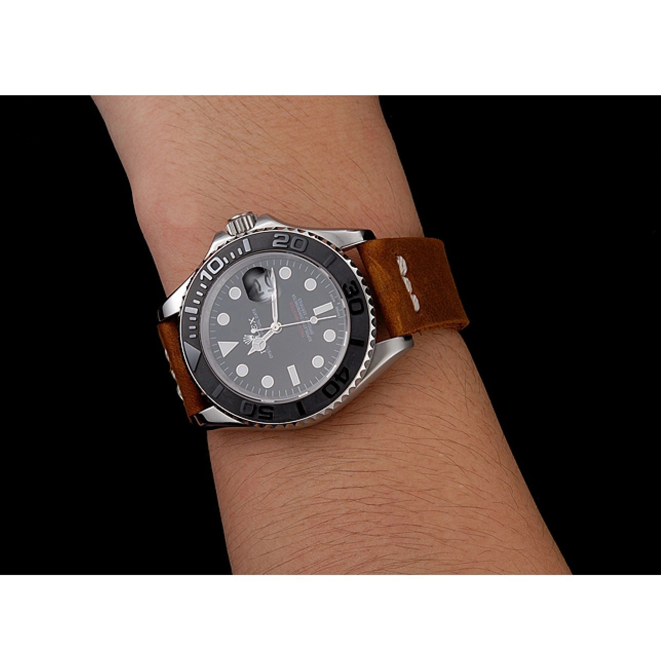 Best AAA Replica Sites Brown Case Leather Master Rolex Yacht Bracelet 1453859 Dial Silver Black 0713